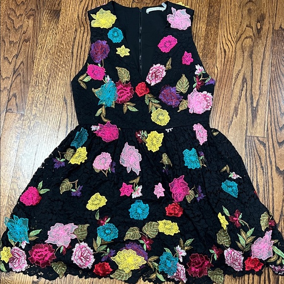 Alice + Olivia Dresses & Skirts - Alice + Olivia Black Dress with Colorful Floral Embroidery